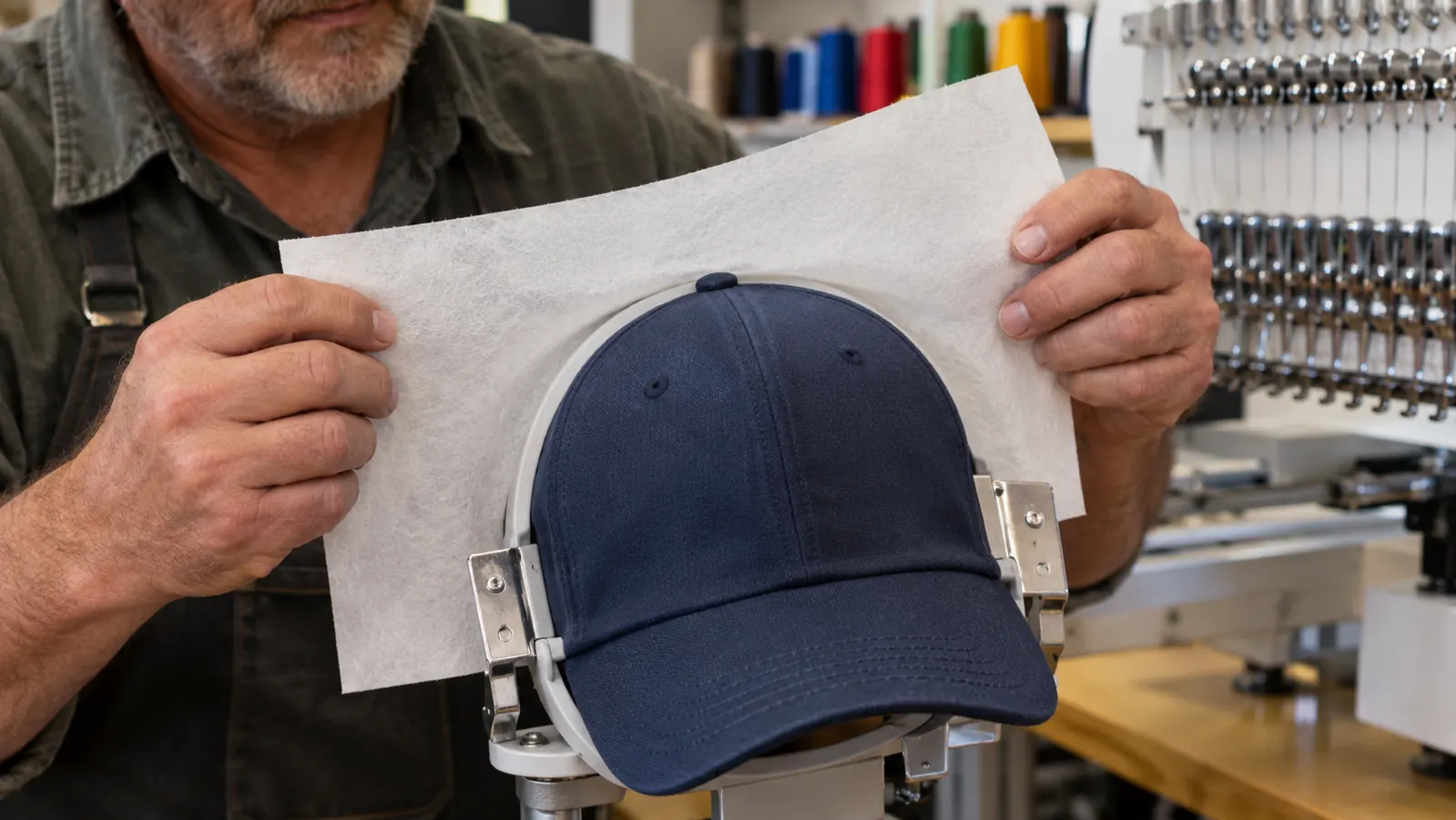 Hands placing a sheet of tear-away stabilizer behind a hooped cap before embroidery