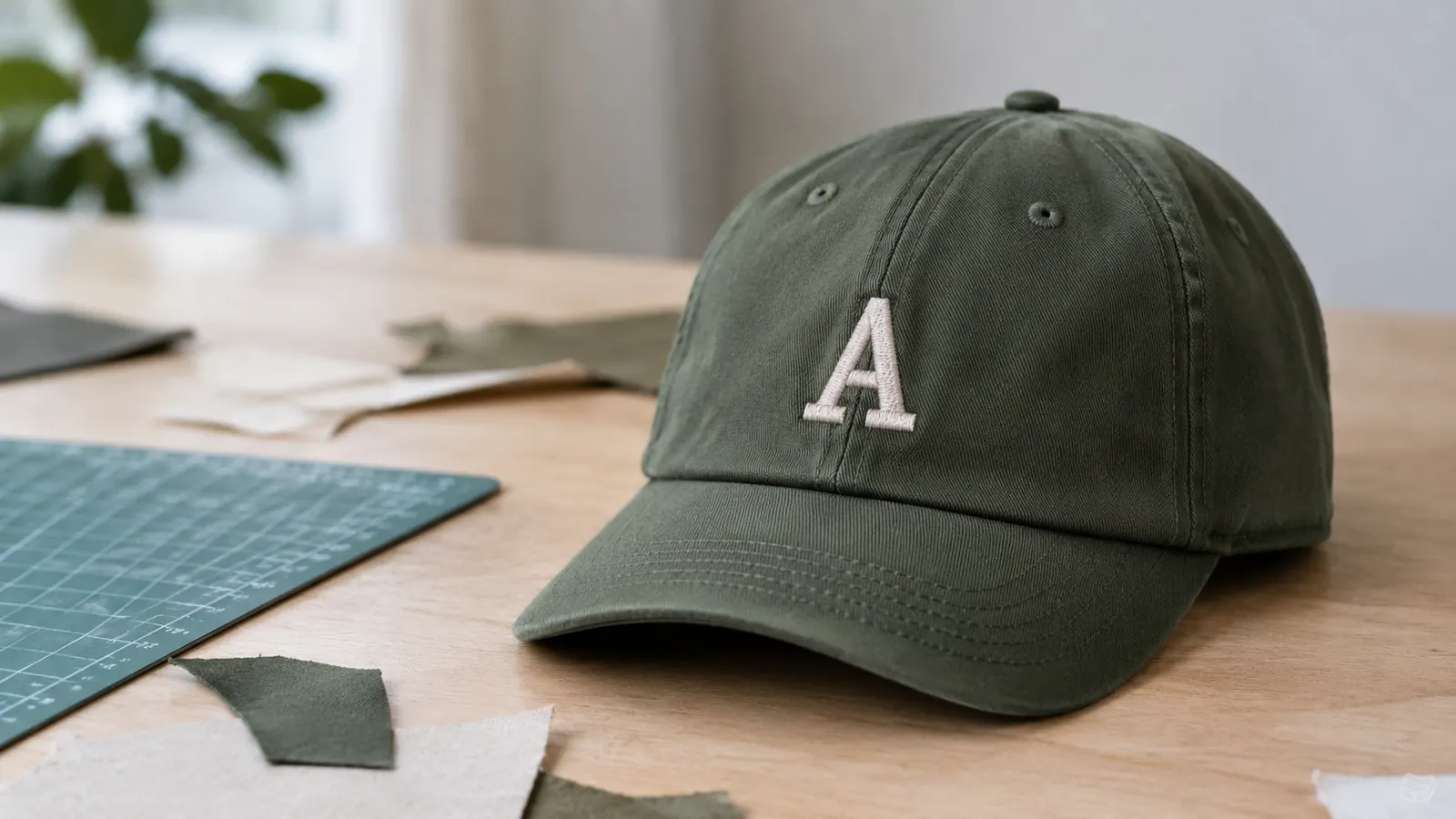 Finished embroidered cap on a work table with snippets of backing material nearby