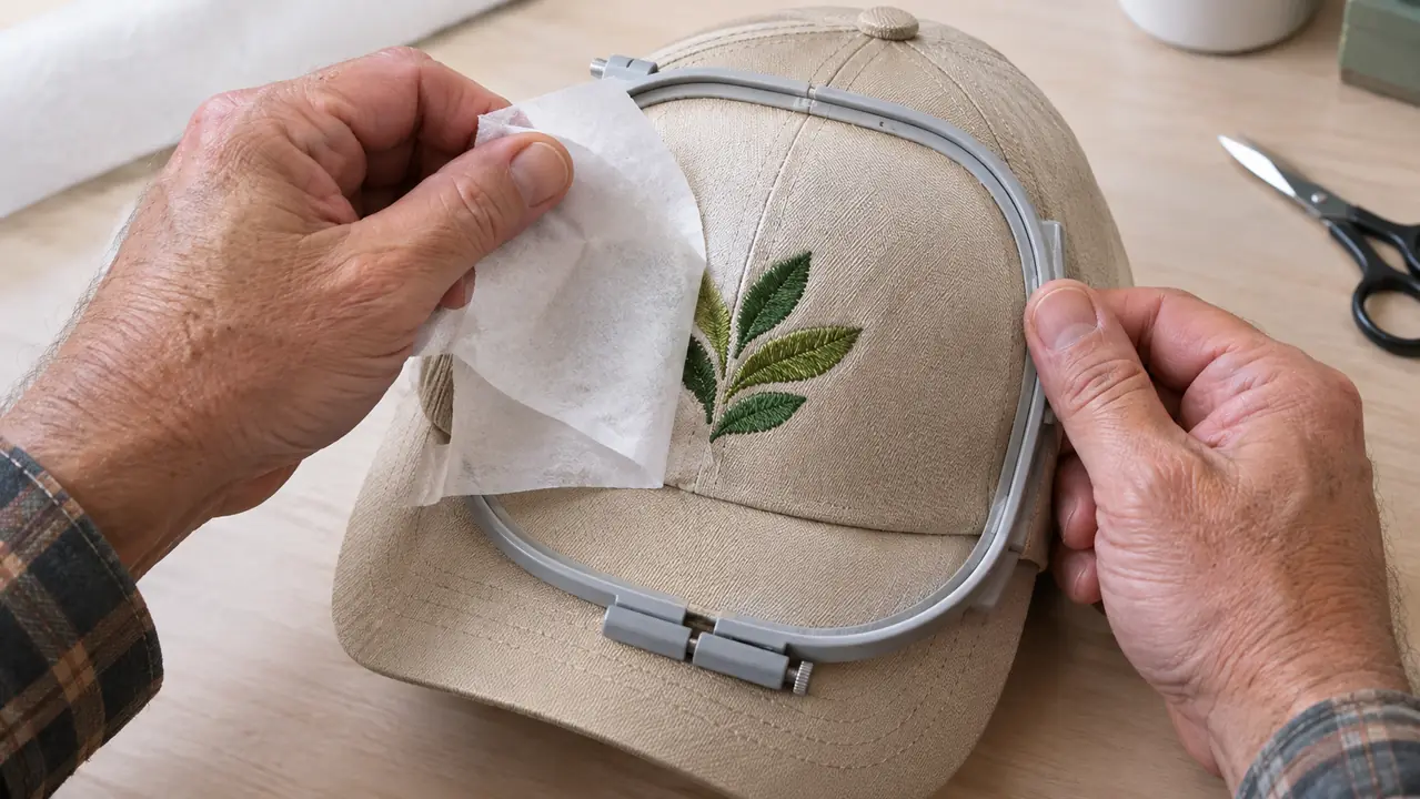Hands tearing excess stabilizer away from a freshly stitched cap design held in an embroidery hoop.