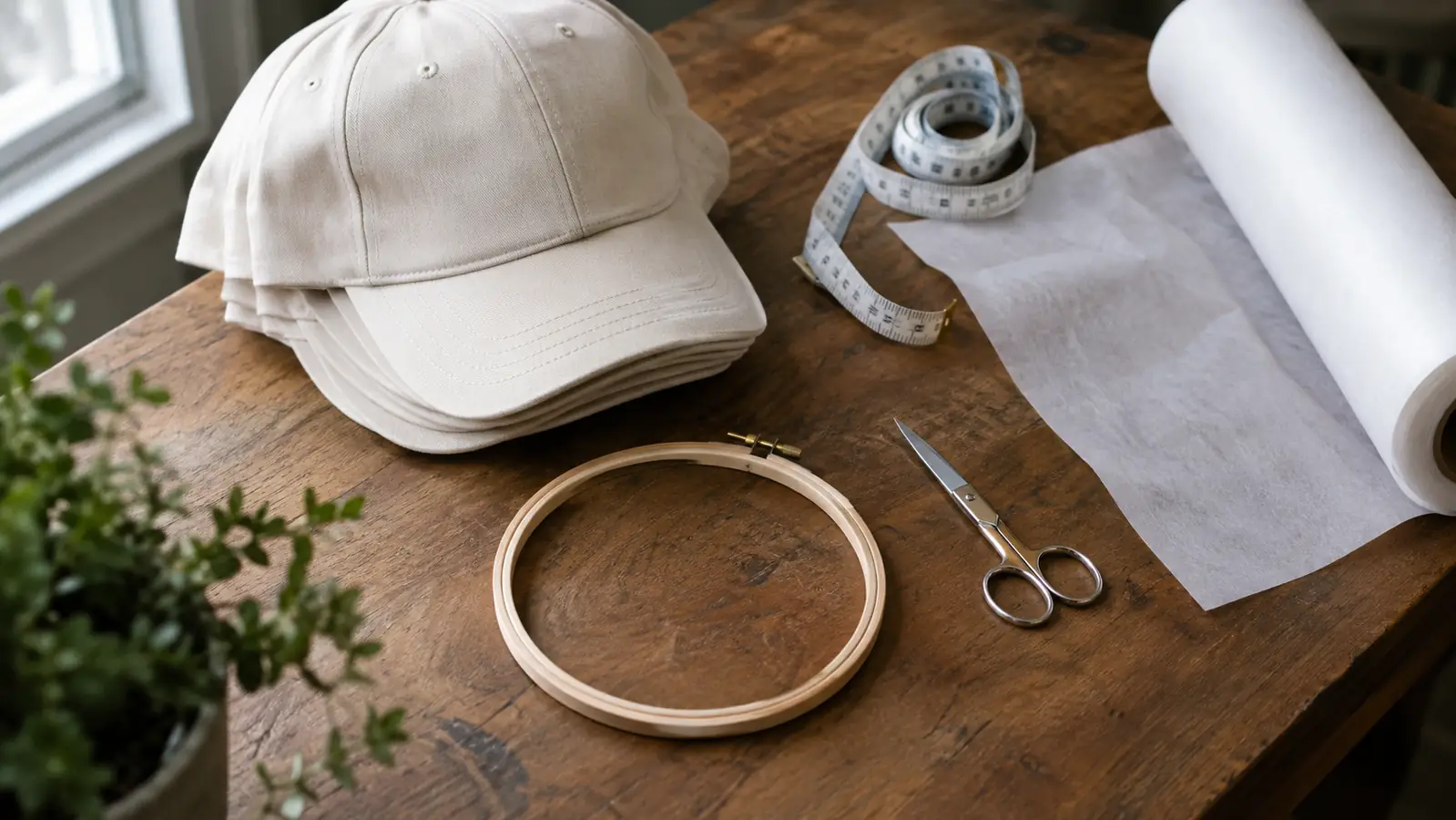 A flat lay of embroidery supplies with a hoop, scissors, a measuring tape, and a roll of stabilizer beside a finished cap.