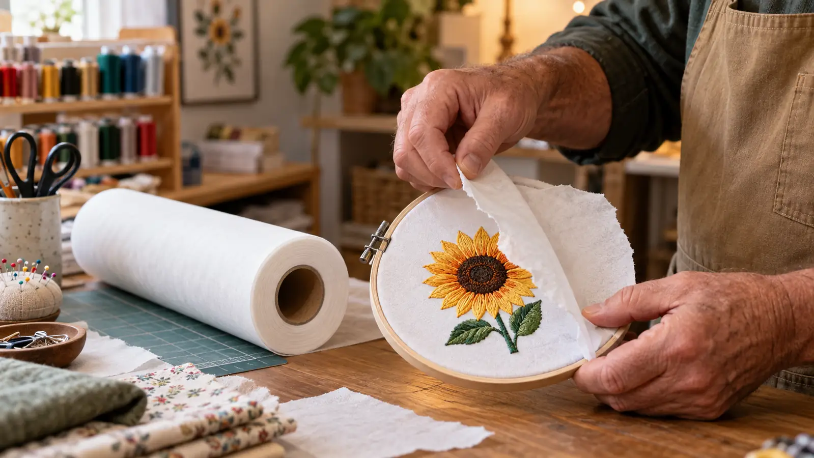 Hands tearing a sheet of tear away stabilizer away from a stitched design still in the hoop