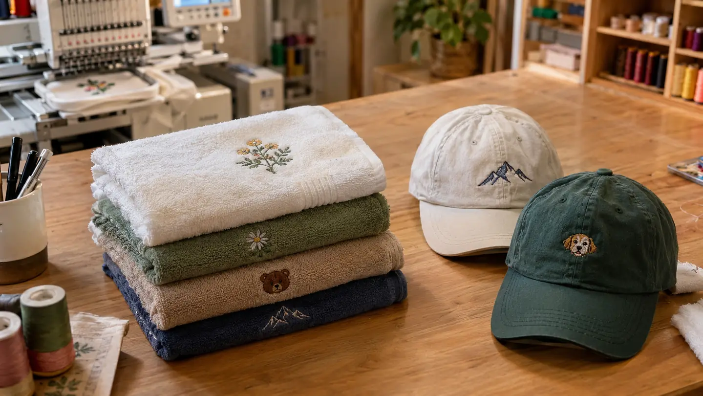 Stack of finished embroidered towels and caps folded on a work table